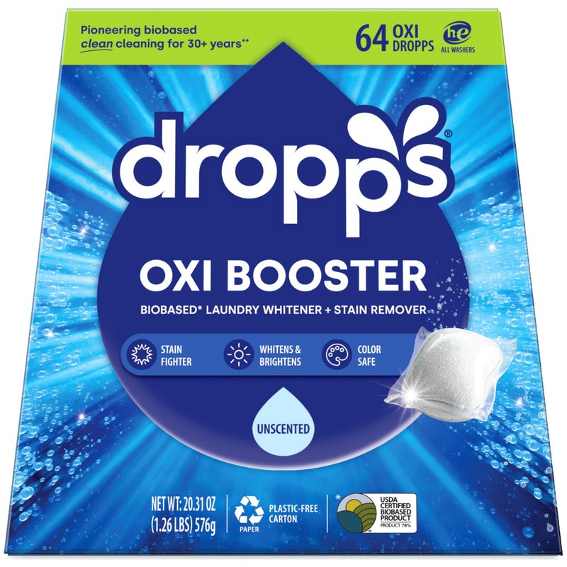Dropps Oxi Booster Pods, Unscented (64 Pods) - Chlorine-Free Bleach Alternative Biobased Laundry Whitener & Stain Remover for Extra Tough Stains - Fragrance-Free & Hypoallergenic for Sensitive Skin - Image 1